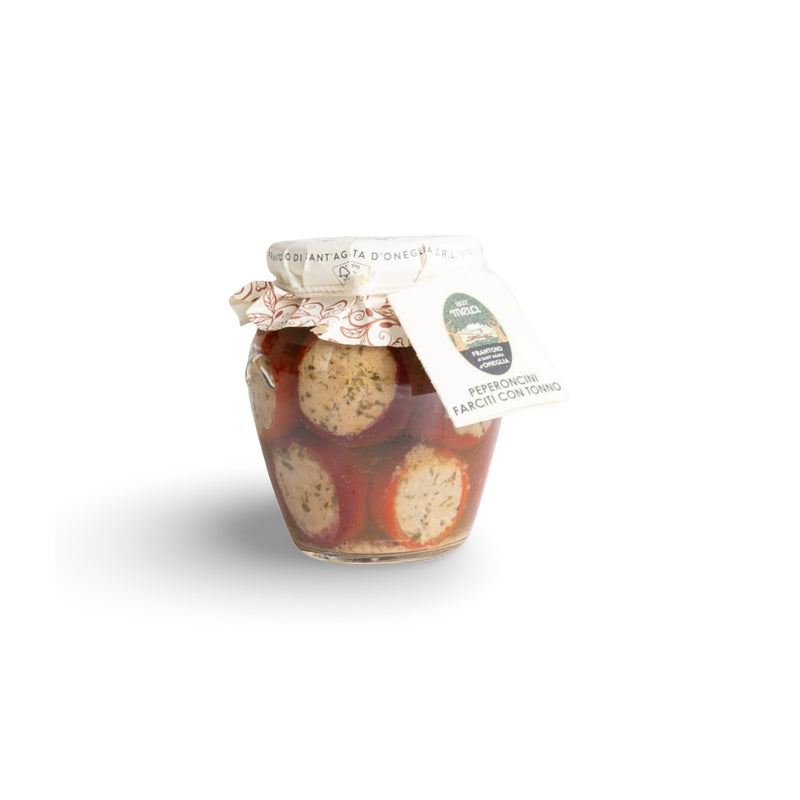 Frantoio Sant'Agata d’Oneglia gefüllte Paprika mit Thunfisch und Sardellen „Peperoncini farciti con tonno“ aus Ligurien, 180 g