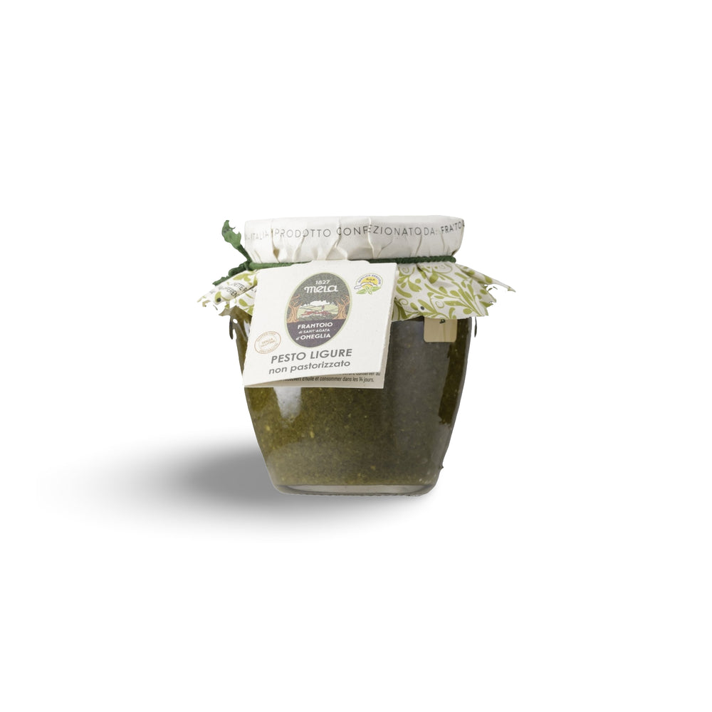 Pesto Ligure mit Basilikum von Frantoio Sant'Agata d’Oneglia als Serviervorschlag mit Pasta. Pesto Genovese kaufen. Basilikum Pesto Italien. Pesto Ligure original