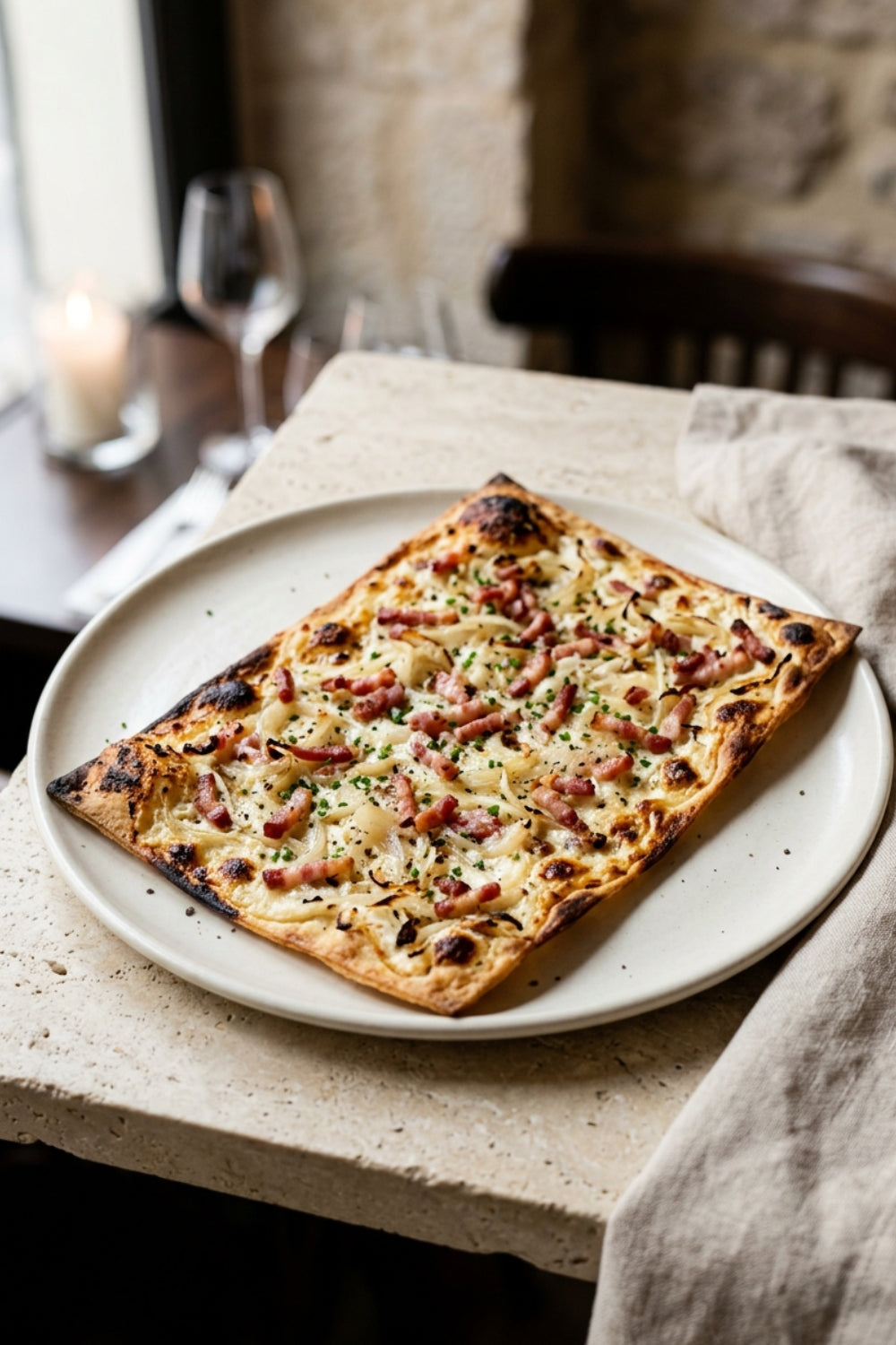 Perfekter Wein zu Flammkuchen – klassischer Flammkuchen mit Speck und Zwiebeln im eleganten Bistro-Stil.
