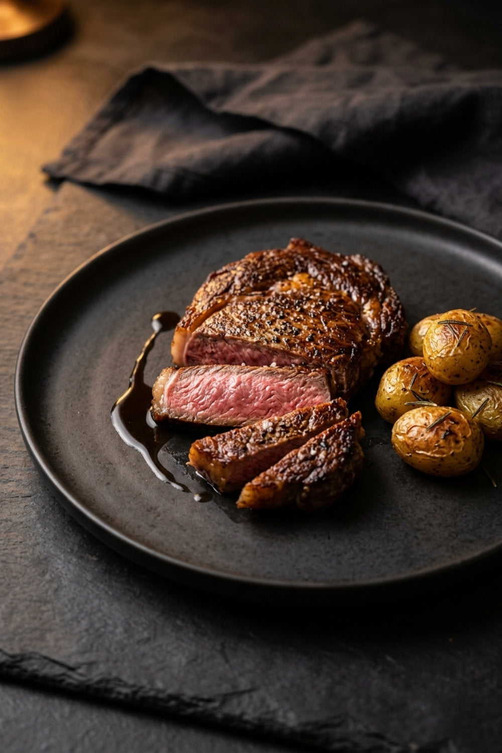 Perfekter Wein zu Steak – saftiges Ribeye im eleganten Michelin-Stil angerichtet.