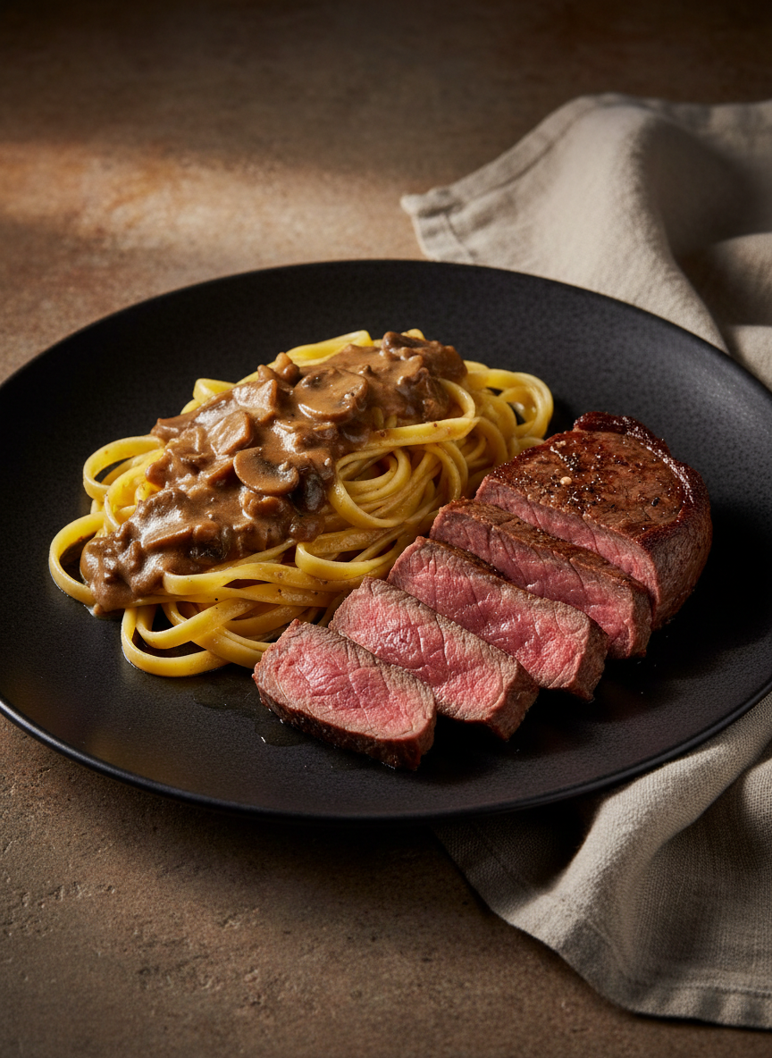 Barolo DOCG Botte Grande passt hervorragend zu Roastbeef-Steak mit Champignons und Tagliatelle all’uovo.