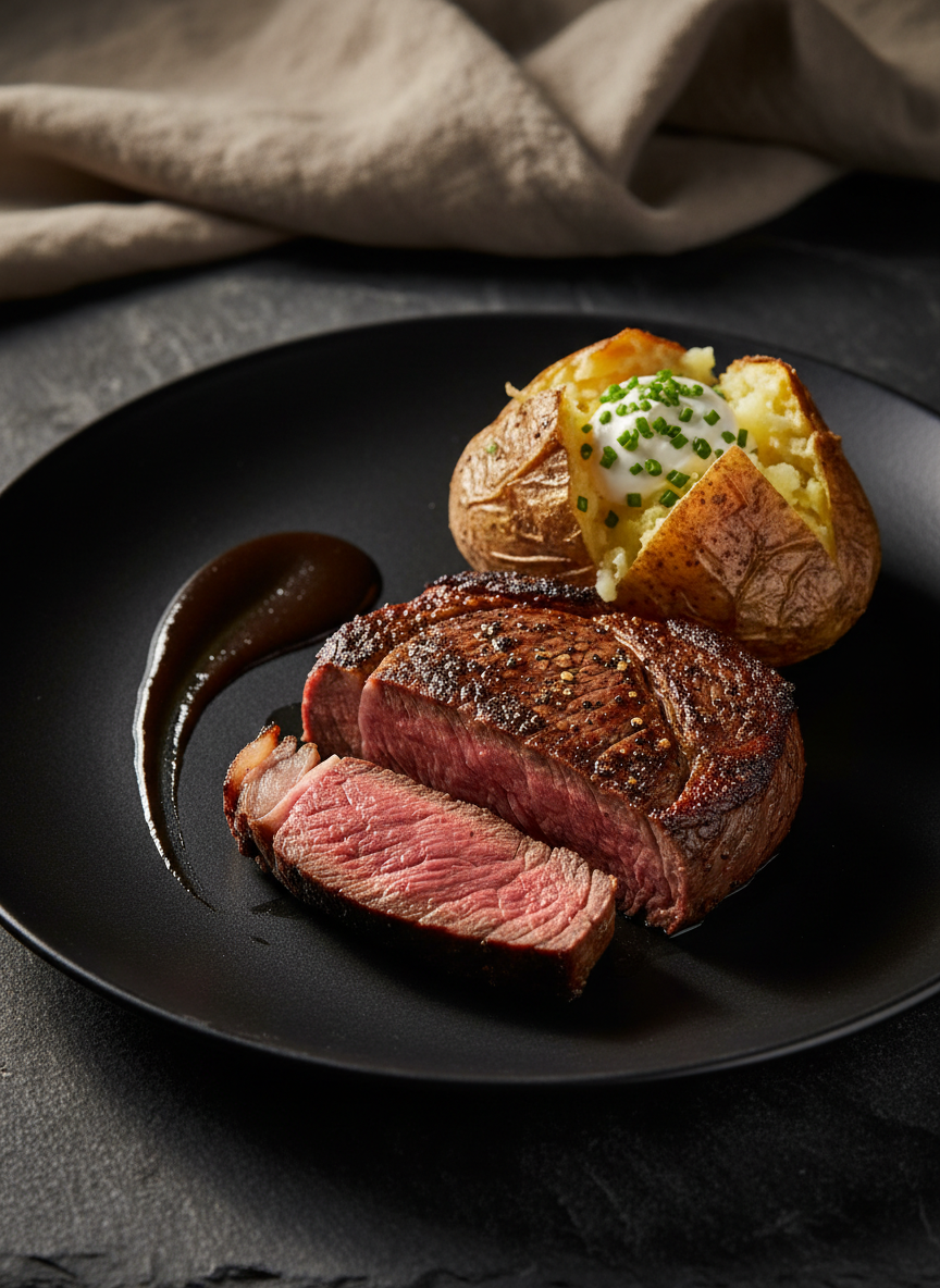 Château Napa Valley Cabernet Sauvignon passt hervorragend zu saftigem Ribeye-Steak mit Baked Potato.
