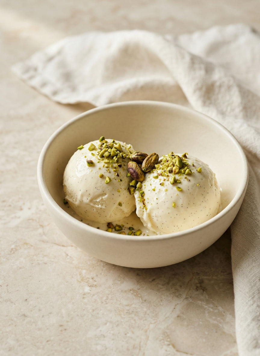 Ciomod Pistacchio Likör passt hervorragend zu Vanilleeis mit gehackten Pistazien.