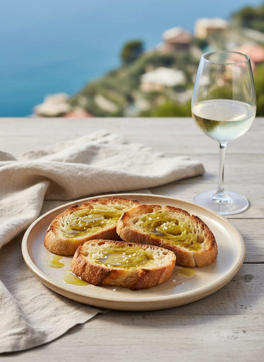 Frantoio Sant'Agata BUON FRUTTO Olivenöl extra nativ aus Ligurien als Serviervorschlag mit Brot
