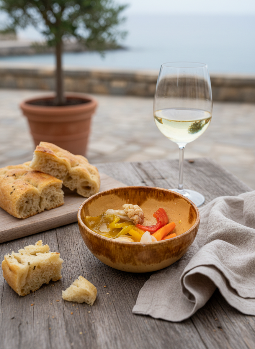 Giardiniera dello Chef Enrico Marmo von Frantoio Sant'Agata d’Oneglia als Serviervorschlag mit Antipasti
