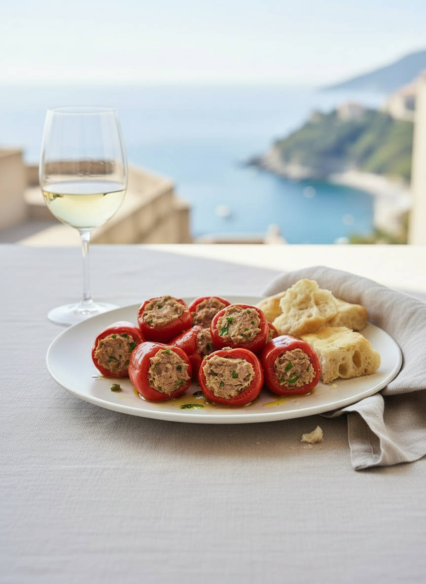 Gefüllte Paprika mit Thunfisch von Frantoio Sant'Agata d’Oneglia als Serviervorschlag mit Antipasti