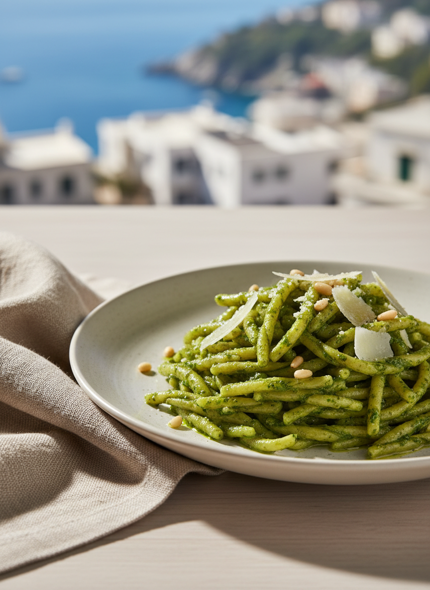Pesto Ligure mit Basilikum von Frantoio Sant'Agata d’Oneglia als Serviervorschlag mit Pasta
