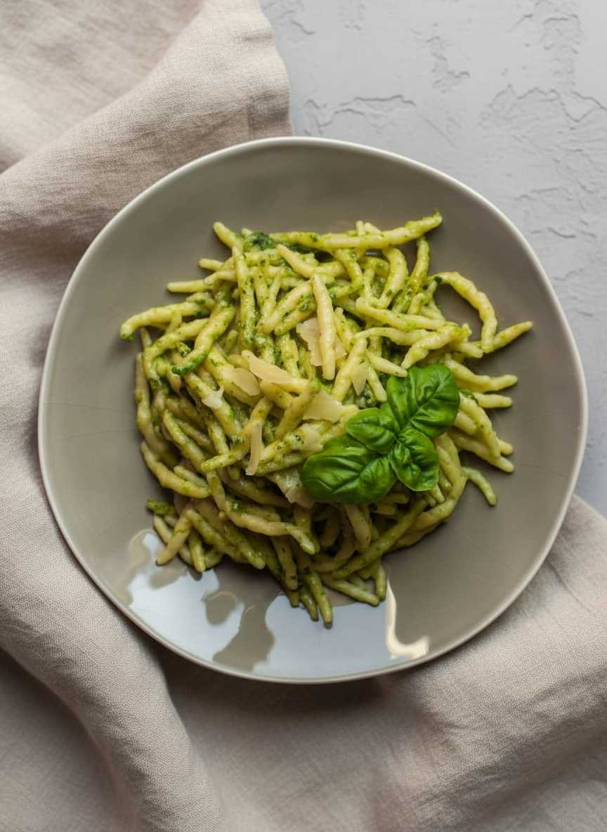 Trofiette Liguri Pasta von Frantoio Sant'Agata d’Oneglia als Serviervorschlag mit Pesto