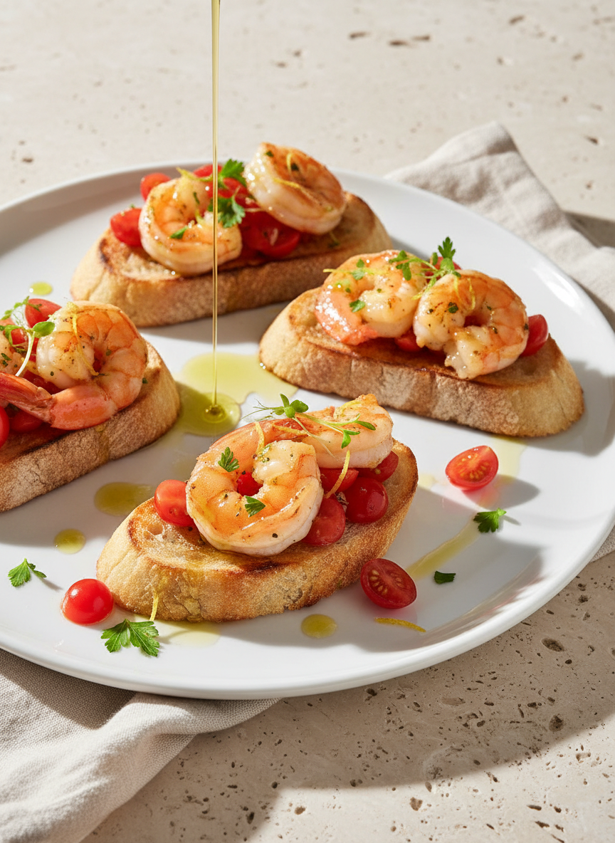 Garda DOC Spumante Brut Metodo Charmat passt hervorragend zu Garnelen-Bruschetta und leichten Antipasti.