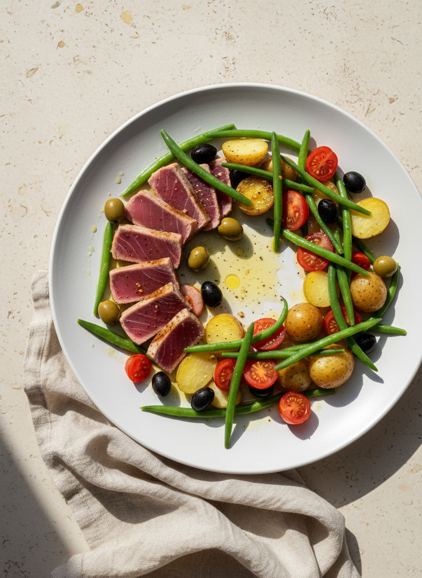 La Grande Cuvée Rosé Côtes du Roussillon AOP passt hervorragend zu einem mediterranen Salad Niçoise.