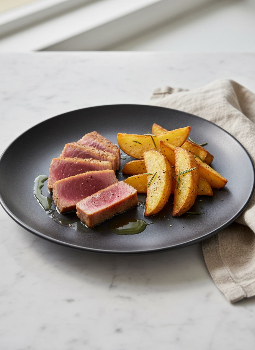 Langhe Bianco DOC passt hervorragend zu Thunfischsteak mit Kartoffelspalten