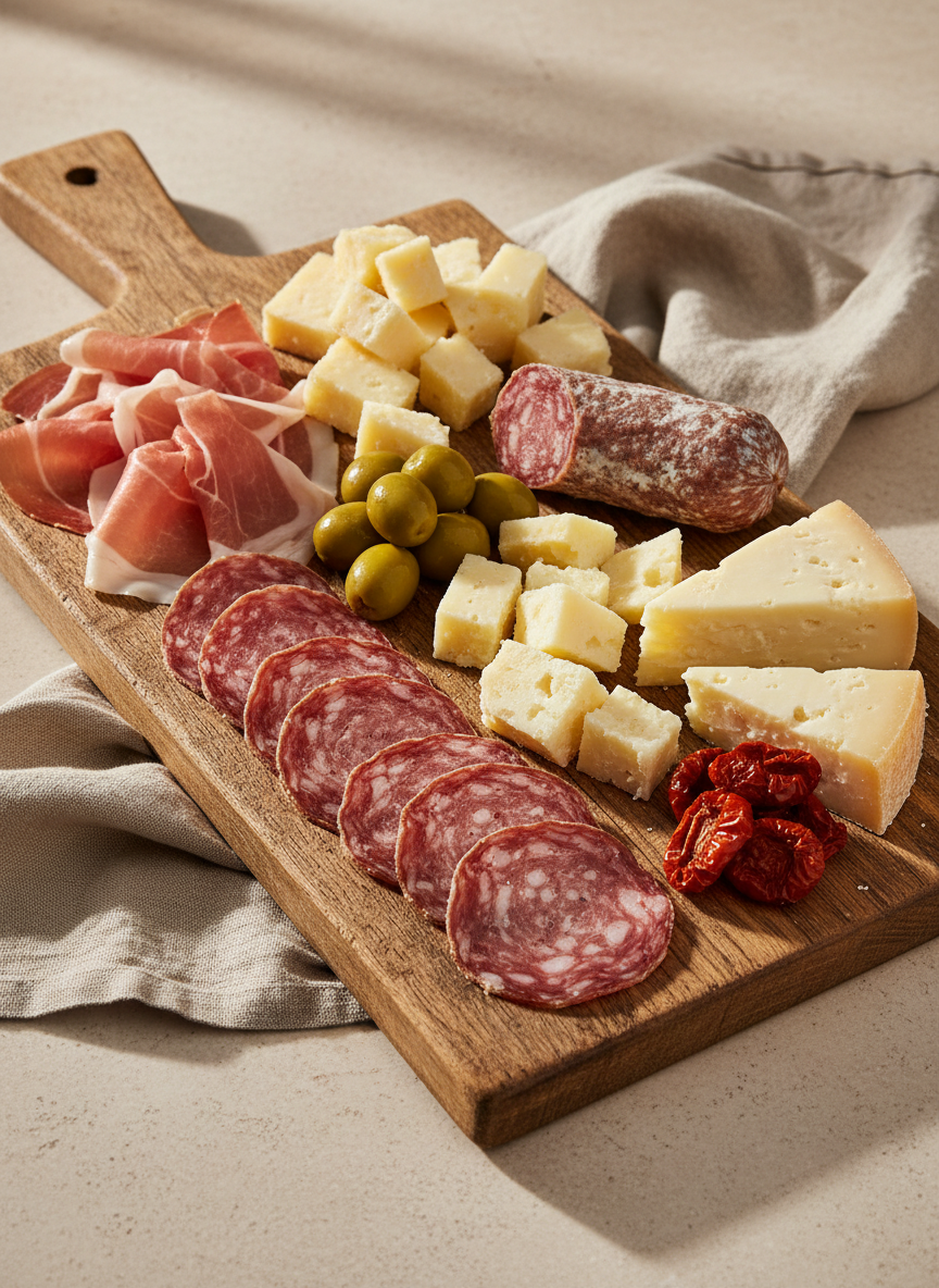 Le Civaie Ceruleo Rosso Veronese IGT passt ideal zu einer authentischen Antipastiplatte mit Käse, Salumi und Prosciutto.