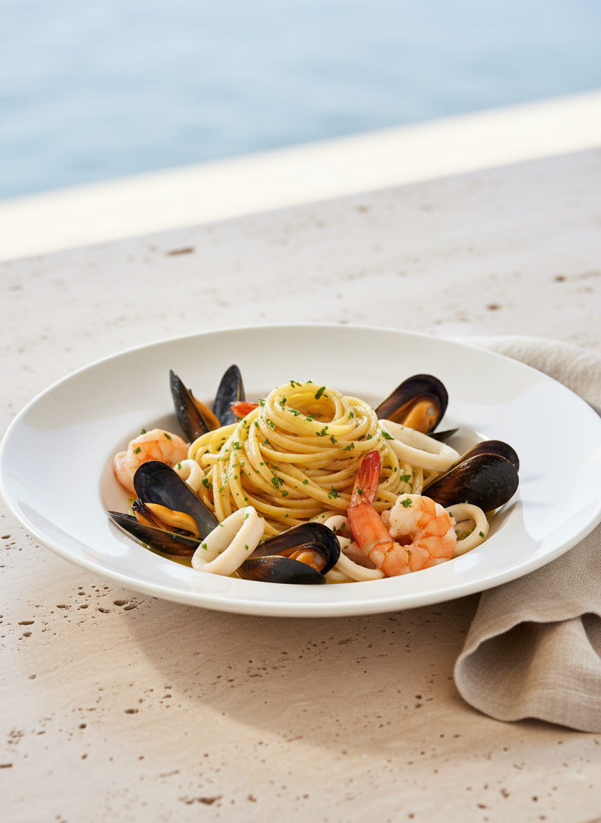 Le Civaie Terralbe Lugana DOC passt hervorragend zu Linguine mit Meeresfrüchten.