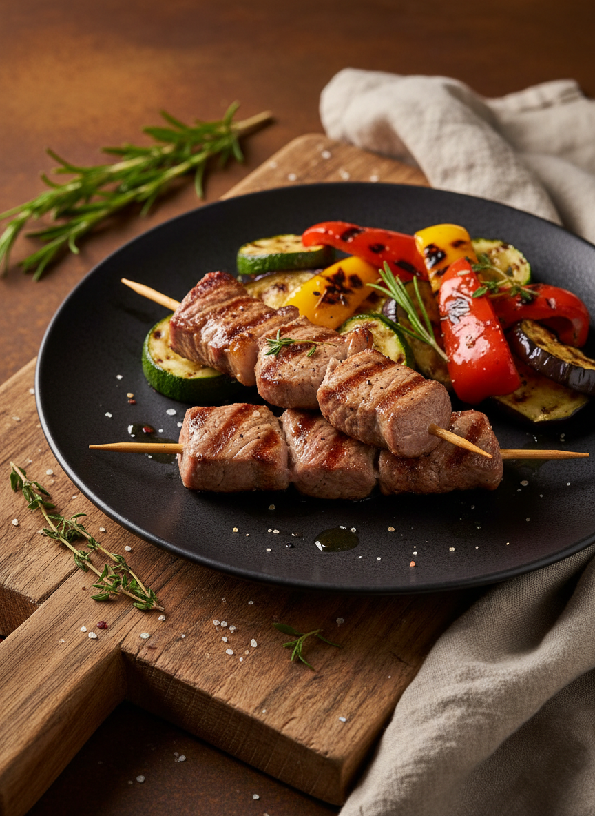 Monferrato Rosso hervorragend zu gegrillten Kalbsspießen mit mediterranem Gemüse.