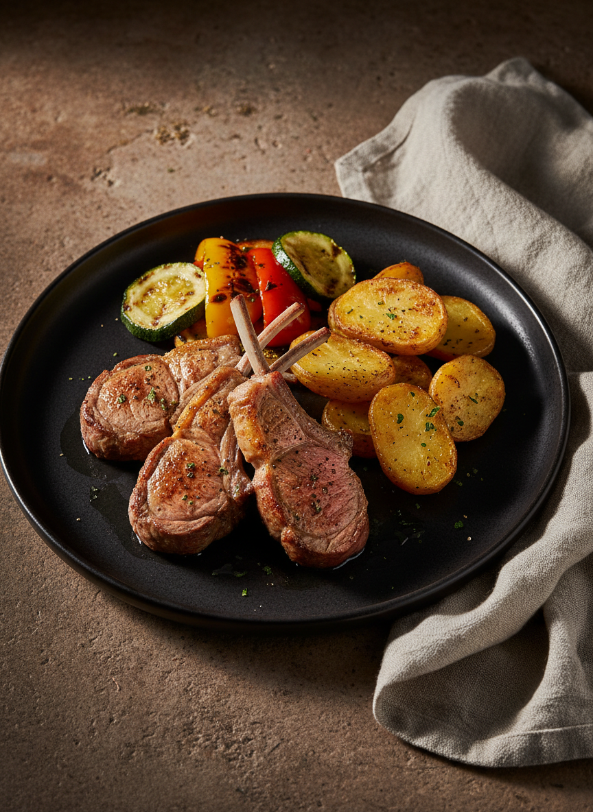 Rioja Reserva DOCa passt hervorragend zu Lammkotelett mit Kartoffeln und Gemüse.
