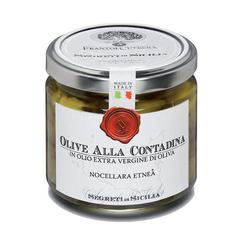 Mit wilden Kräutern eingelegte Nocellara Oliven OLIVE ALLA CONTADINA, 190gr