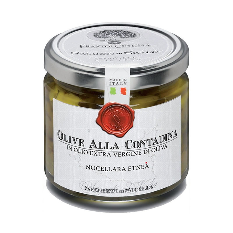 Mit wilden Kräutern eingelegte Nocellara Oliven OLIVE ALLA CONTADINA, 190gr Mit wilden Kräutern eingelegte Nocellara Oliven OLIVE ALLA CONTADINA, 190gr