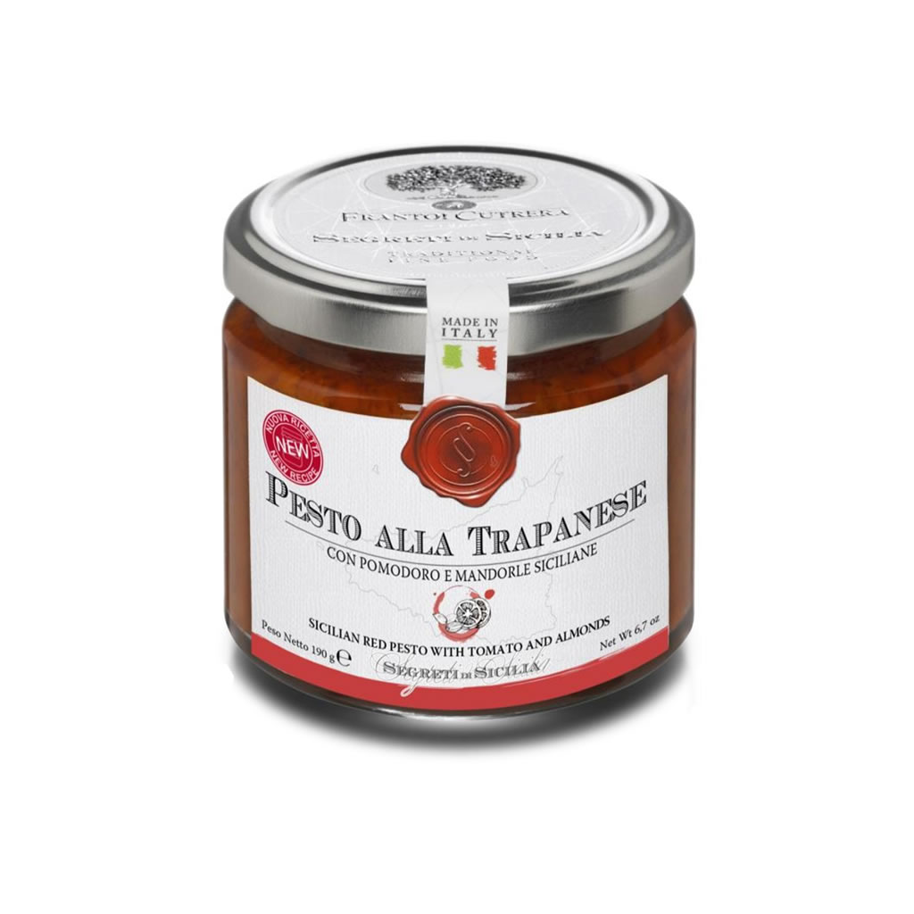 Pesto mit Tomaten und Mandeln aus Sizilien PESTO ALLA TRAPANESE, 190gr Pesto mit Tomaten und Mandeln aus Sizilien PESTO ALLA TRAPANESE, 190gr